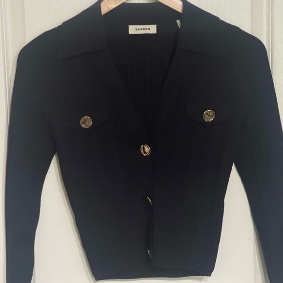 SANDRO Cropped Ribbed Pointelle Knit Cardigan Sweater Navy Blue Eyelet Gold HW 1 - Picture 6 of 12